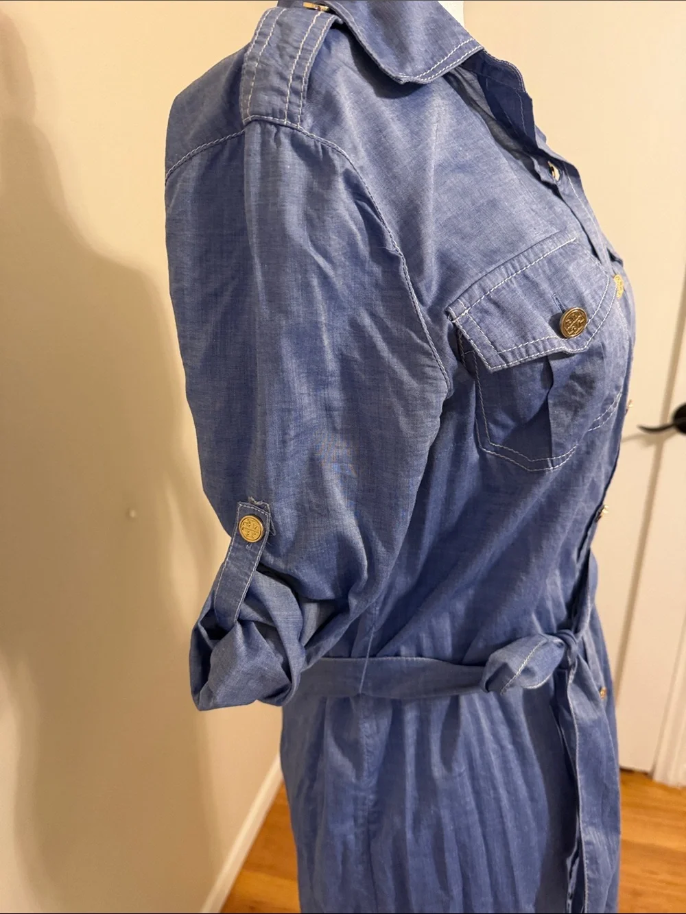 Tory Burch Blue Denim Button-Front Shirt Dress with Tie Waist